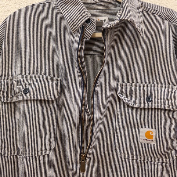 Carhartt Mens Hickory Stripe Quarter Zip Long Sleeve Work Shirt Large - Picture 4 of 12